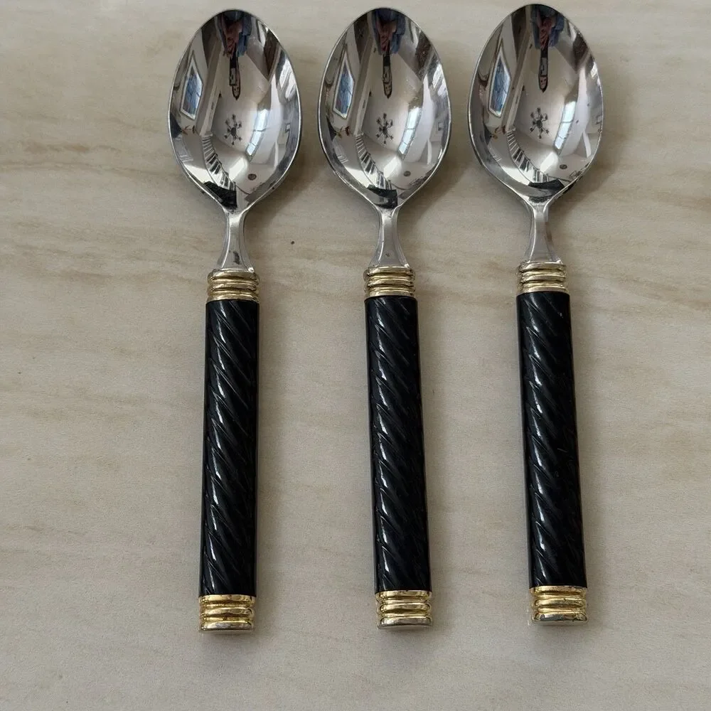 25pc MIKASA Braid-Onyx Laslo Flatware Set Black HDL Metallics Gold Acc., Stnls